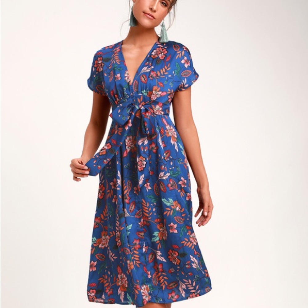 Lost + Wander satin blue moon floral dress size S